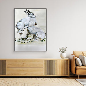 Snowy Hare Playtime - canvas print from original artwork - Cairngorm Artists