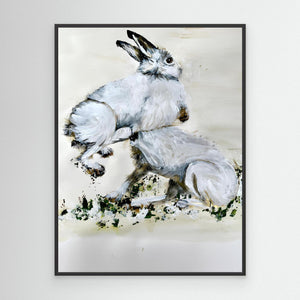Snowy Hare Playtime - canvas print from original artwork - Cairngorm Artists