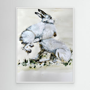 Snowy Hare Playtime - canvas print from original artwork - Cairngorm Artists